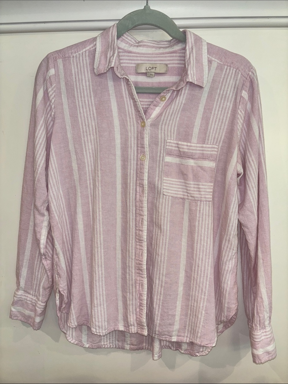 LOFT Linen Viscose Pink Striped Button Down Shirt Small S Coastal Blouse Top